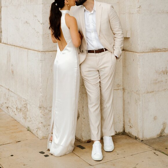 Elegant White Maxi Dress Open Back XS - Meshki Claire Satin Drape Halter Neck - Picture 5 of 11